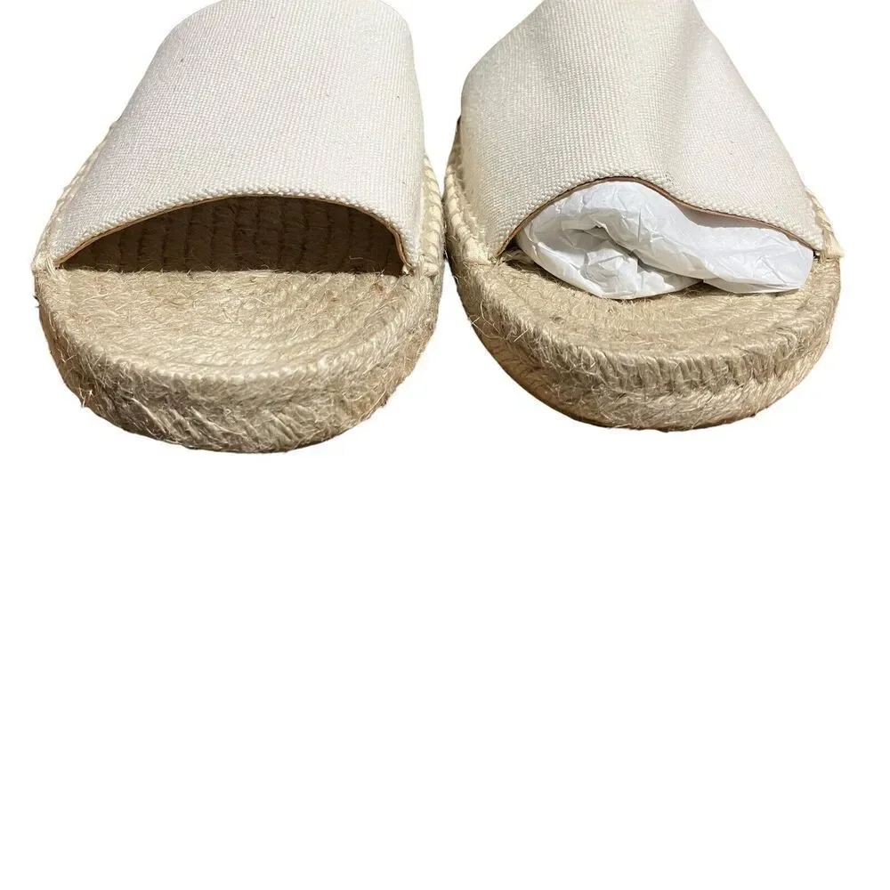 J. Crew Espadrilles WMNS 11 White Canvas Leather Made Spain ankle strap Open Toe